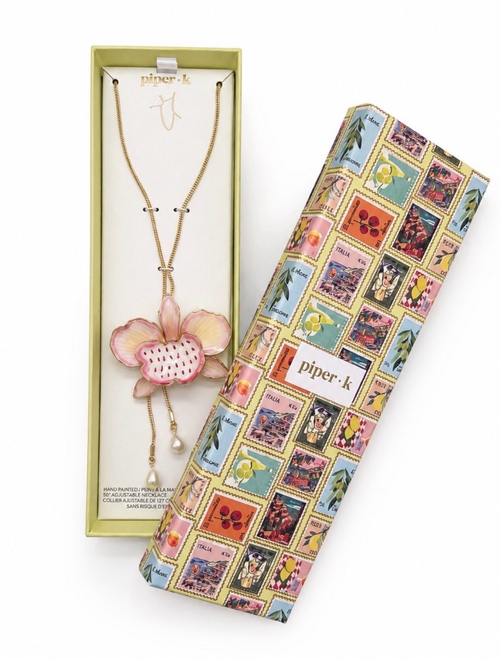 Piper·k Hand Painted Adjustable Pink Flower Pendant Necklace with Pearl Accent